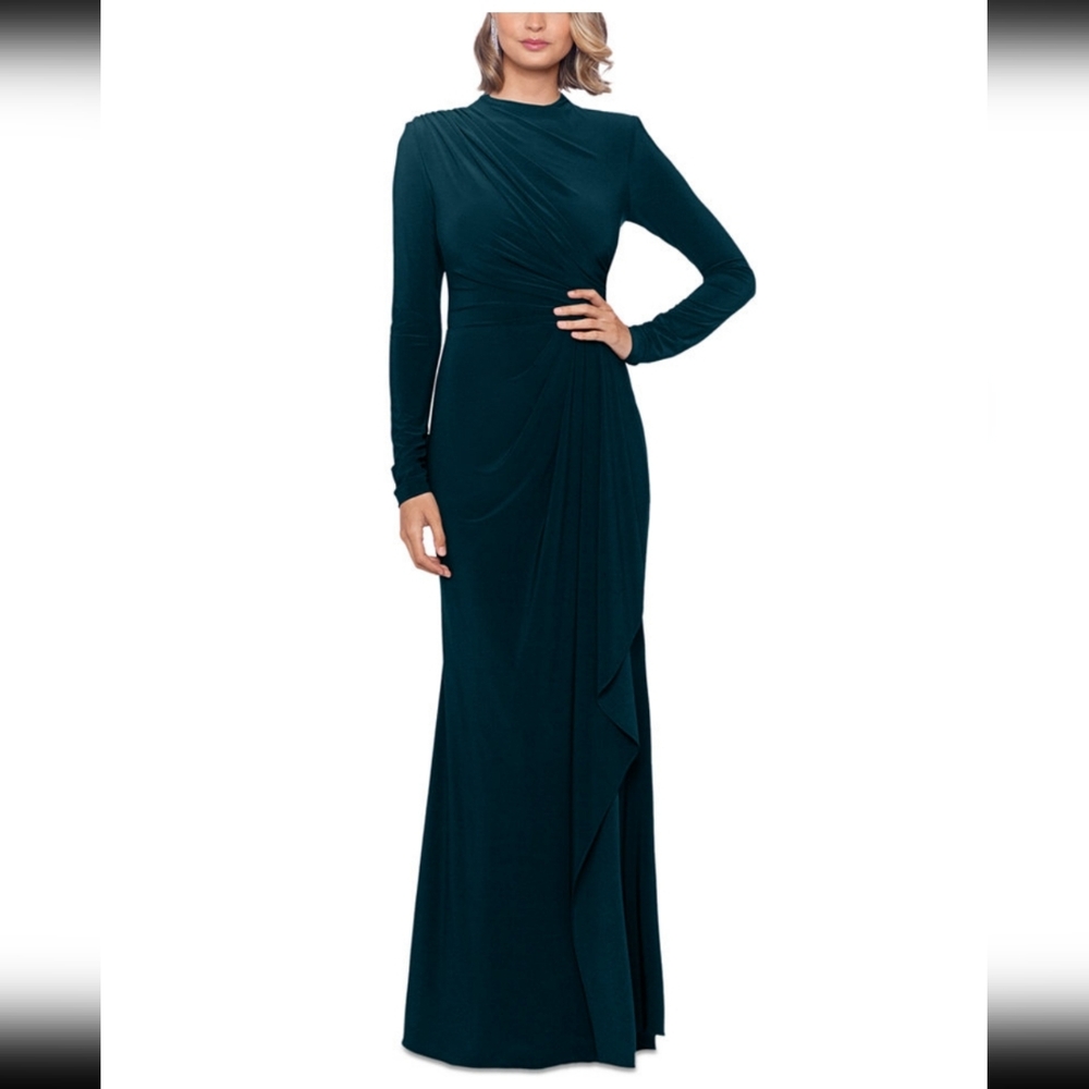 Petite Mock-Neck Long-Sleeve Ruffle Gown